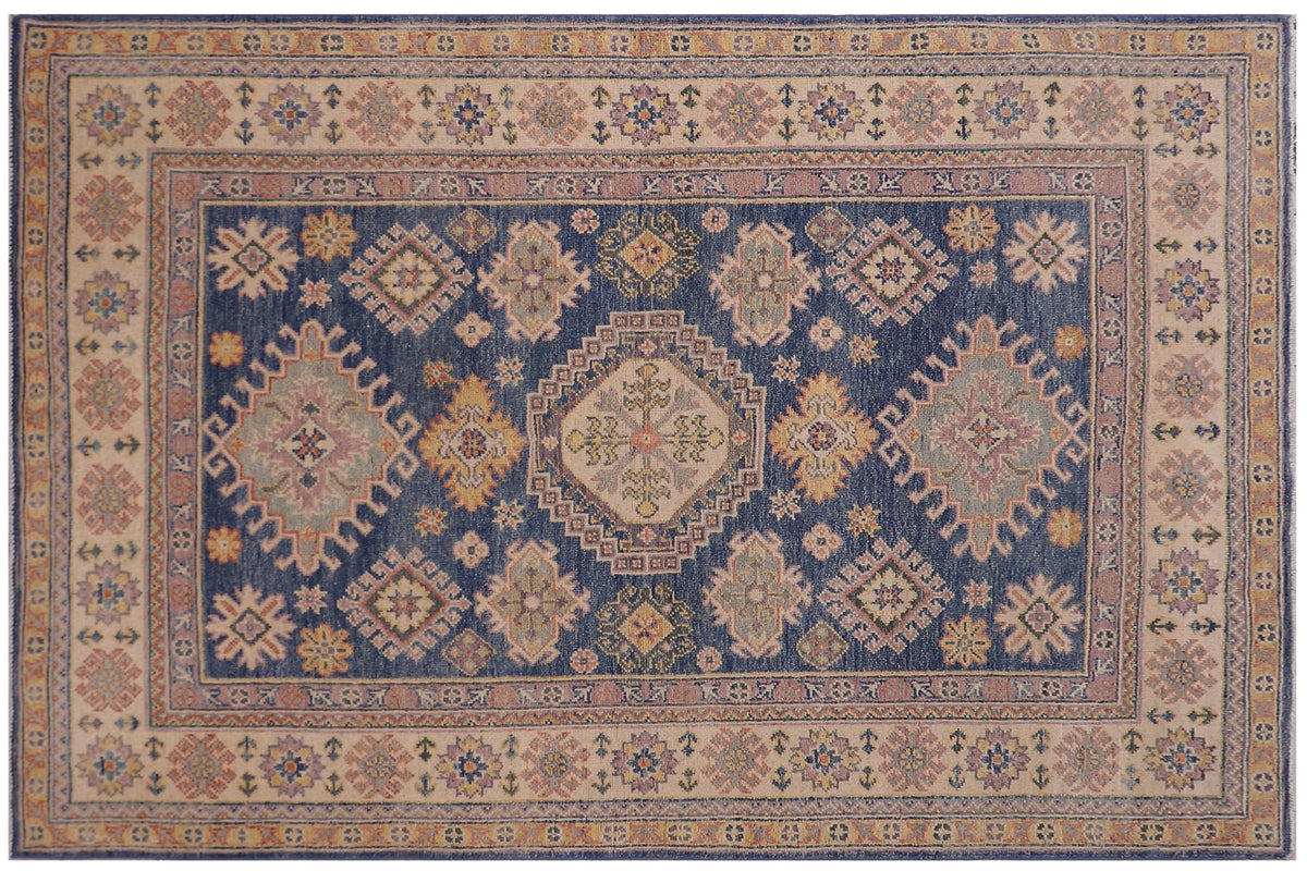 handmade Geometric Kazak Lt. Blue Beige Hand-made RECTANGLE 100% WOOL area rug 4'X6'