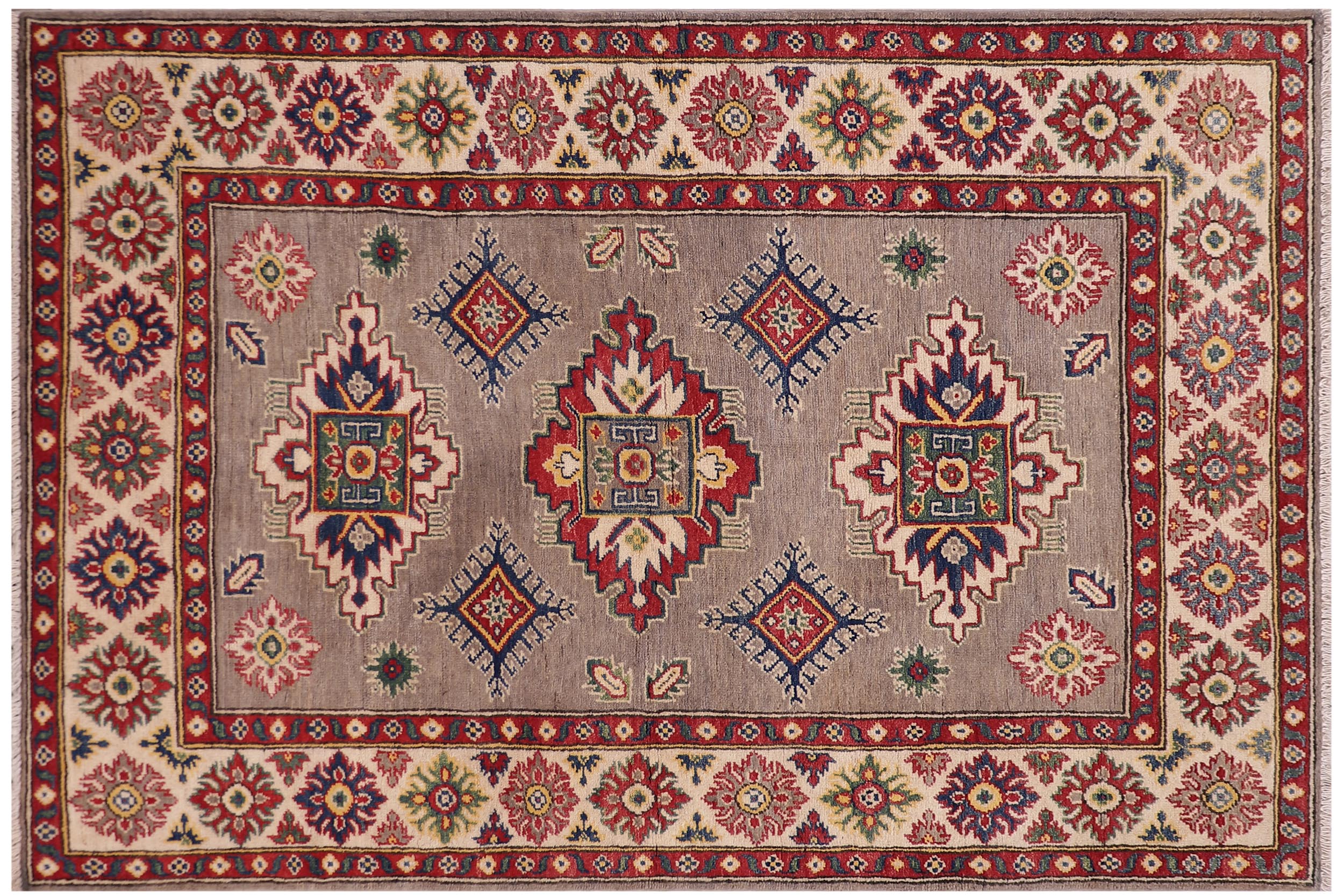 handmade Geometric Kazak Gray Beige Hand-made RECTANGLE 100% WOOL area rug 4'X6'