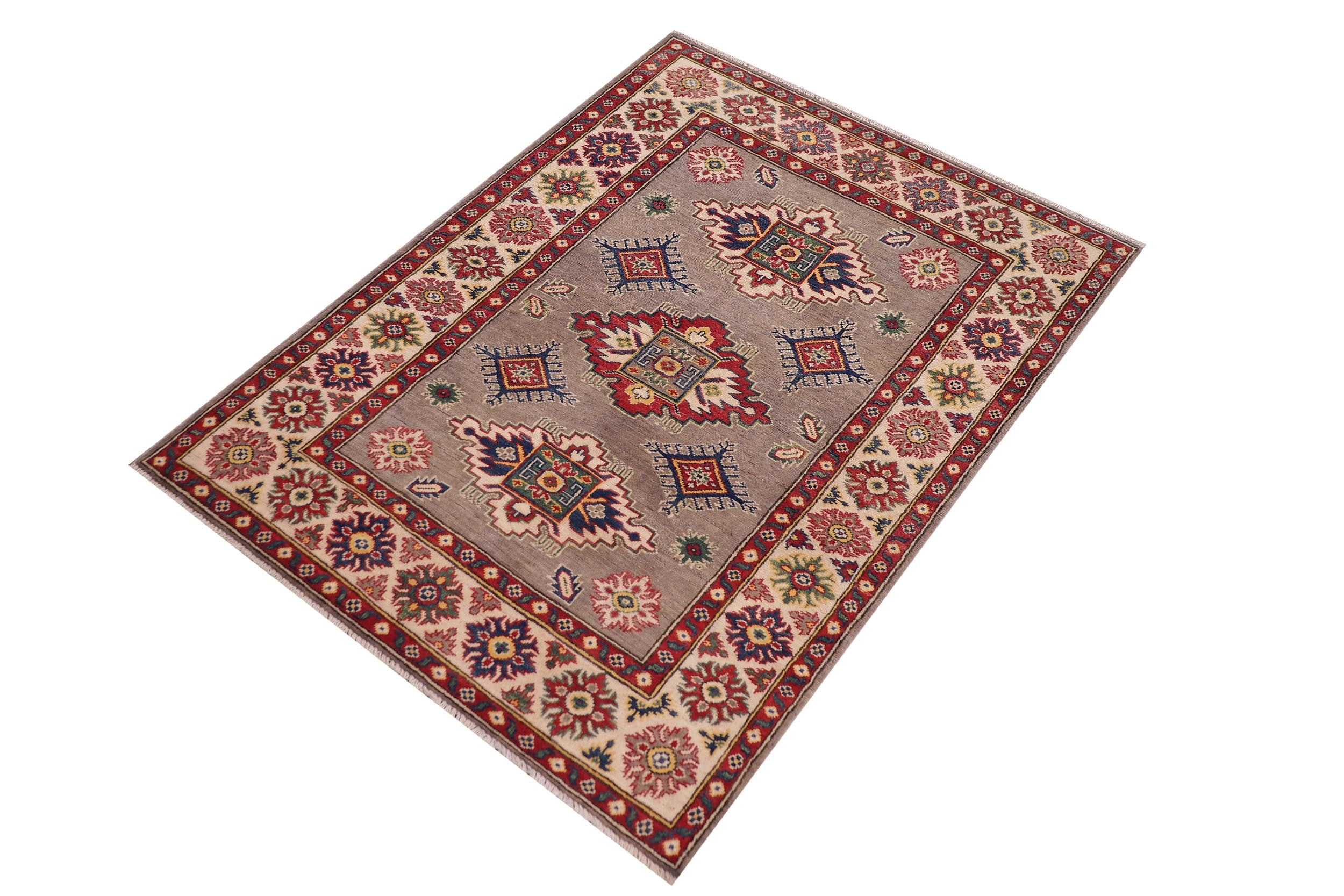 handmade Geometric Kazak Gray Beige Hand-made RECTANGLE 100% WOOL area rug 4'X6'