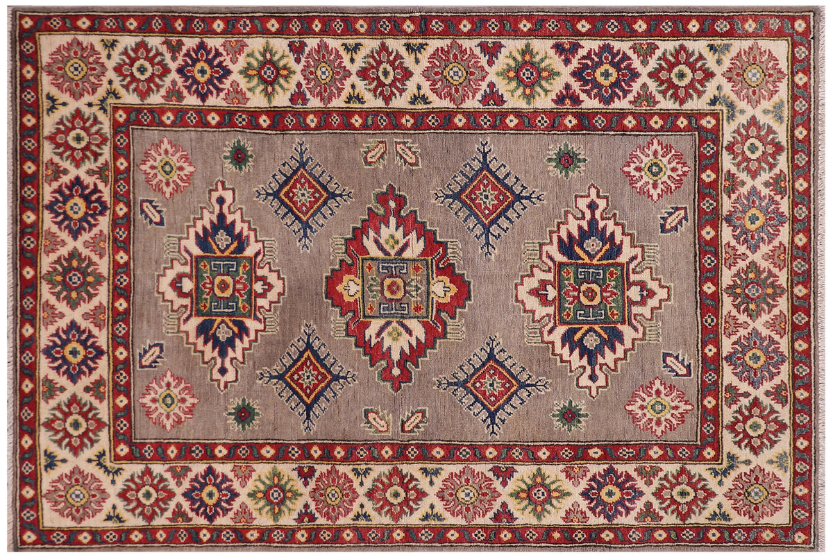 handmade Geometric Kazak Gray Beige Hand-made RECTANGLE 100% WOOL area rug 4'X6'