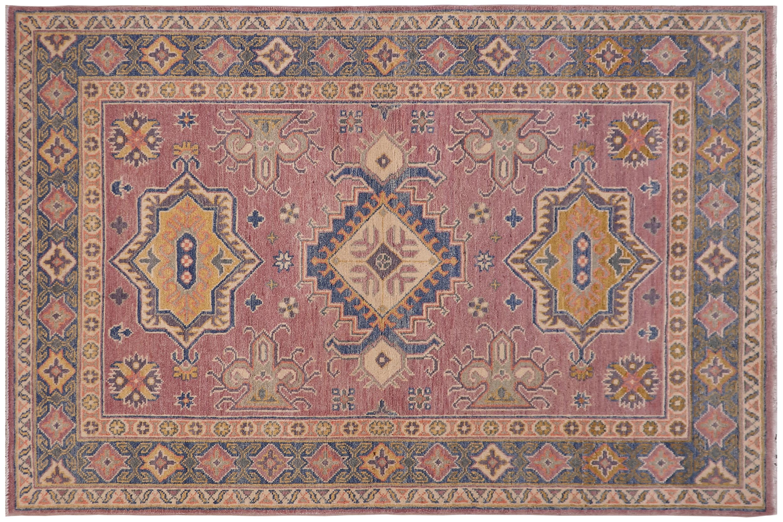 handmade Geometric Kazak Purple Lt. Blue Hand-made RECTANGLE 100% WOOL area rug 4'X6'