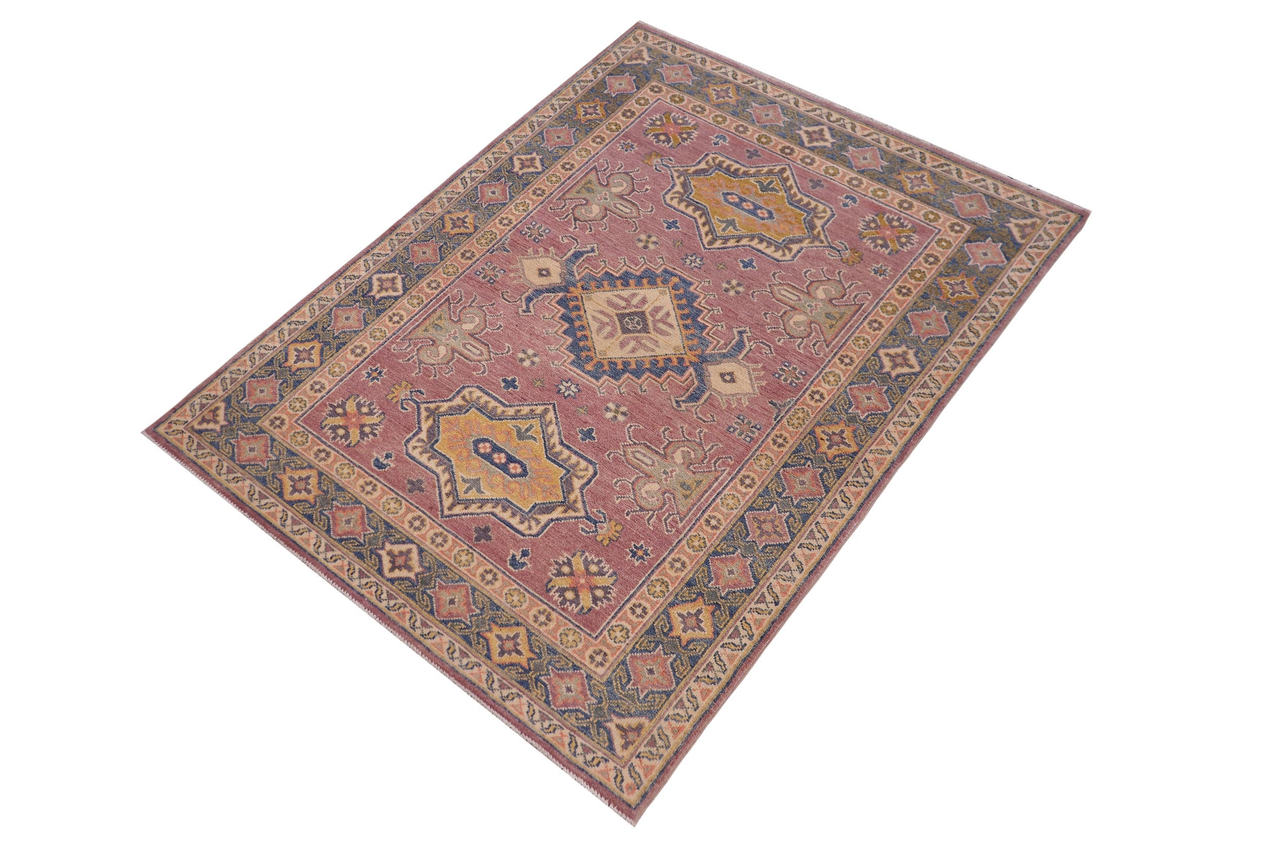 handmade Geometric Kazak Purple Lt. Blue Hand-made RECTANGLE 100% WOOL area rug 4'X6'