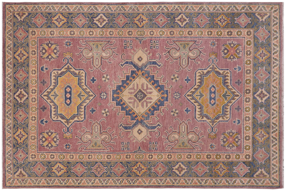 handmade Geometric Kazak Purple Lt. Blue Hand-made RECTANGLE 100% WOOL area rug 4'X6'
