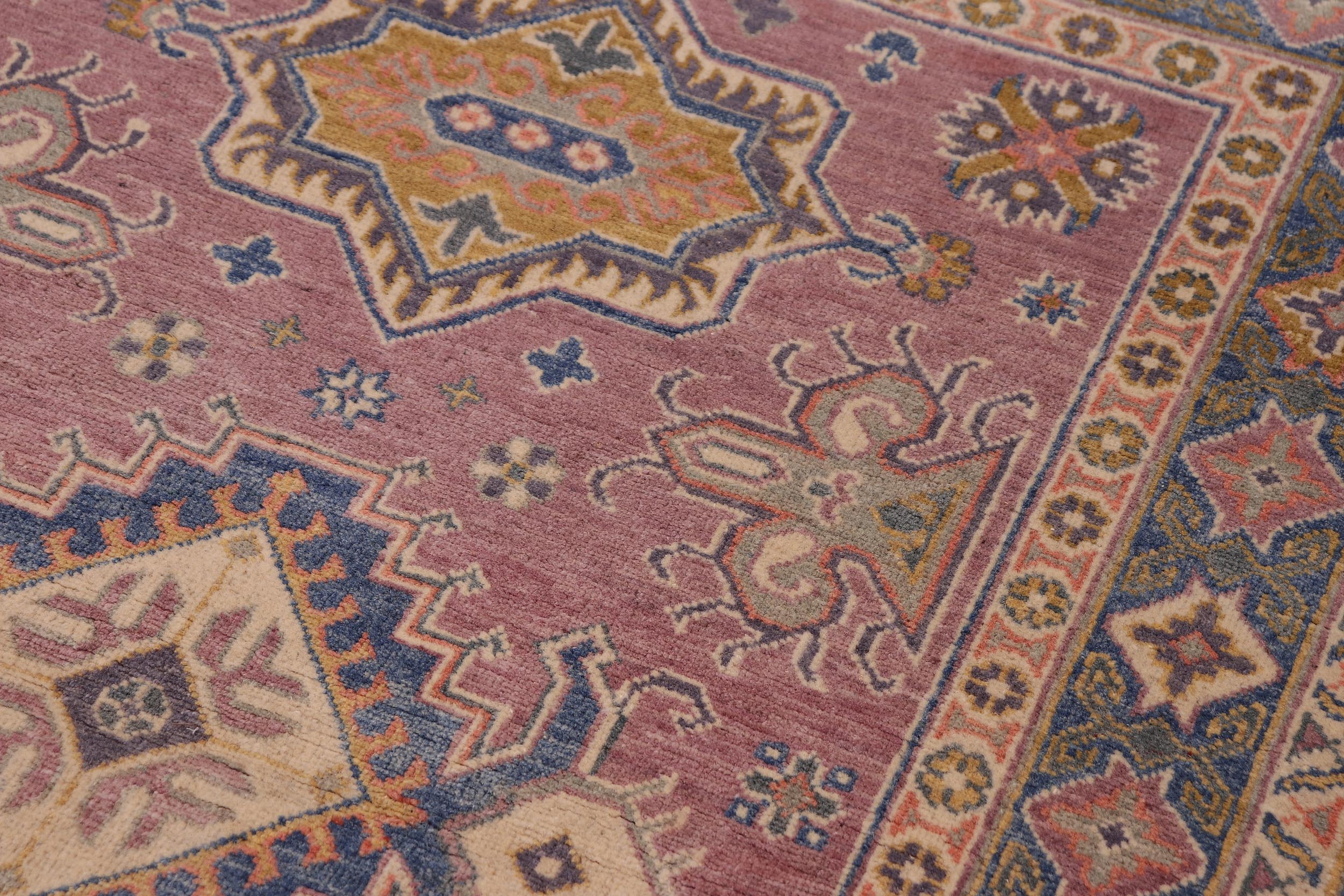 handmade Geometric Kazak Purple Lt. Blue Hand-made RECTANGLE 100% WOOL area rug 4'X6'