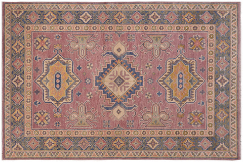 handmade Geometric Kazak Purple Lt. Blue Hand-made RECTANGLE 100% WOOL area rug 4'X6'