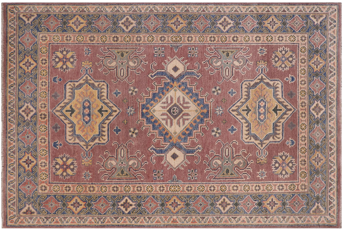 handmade Geometric Kazak Light Purpl Lt. Blue Hand-made RECTANGLE 100% WOOL area rug 4'X6'