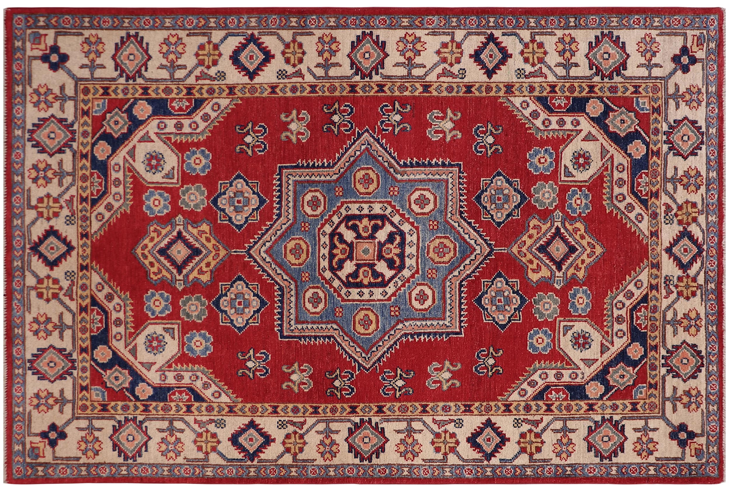 handmade Geometric Kazak Red Beige Hand-made RECTANGLE 100% WOOL area rug 4'X6'