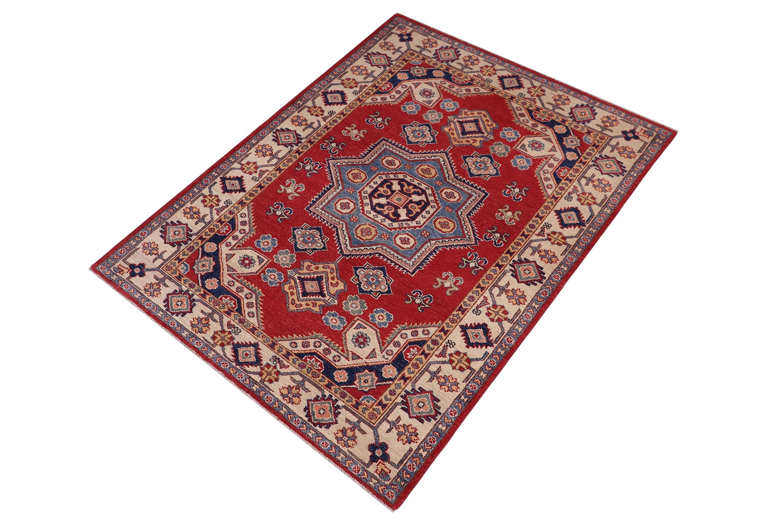 handmade Geometric Kazak Red Beige Hand-made RECTANGLE 100% WOOL area rug 4'X6'