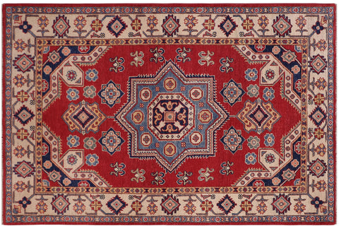 handmade Geometric Kazak Red Beige Hand-made RECTANGLE 100% WOOL area rug 4'X6'