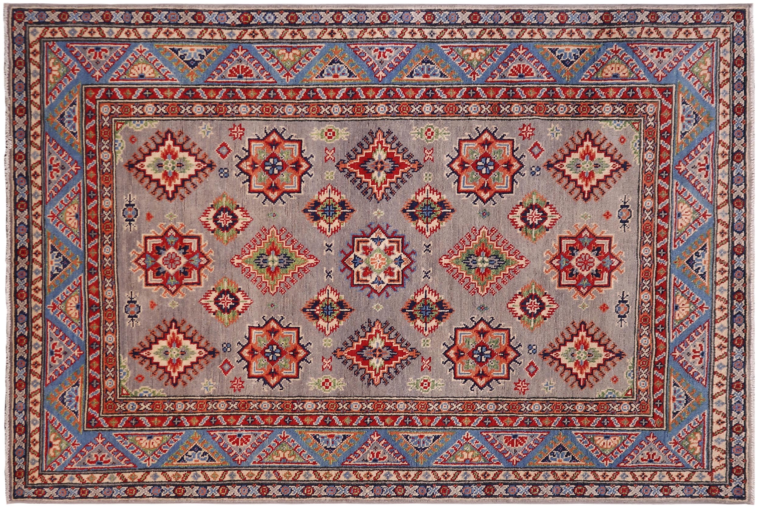 handmade Geometric Kazak Gray Lt. Blue Hand-made RECTANGLE 100% WOOL area rug 4'X6'