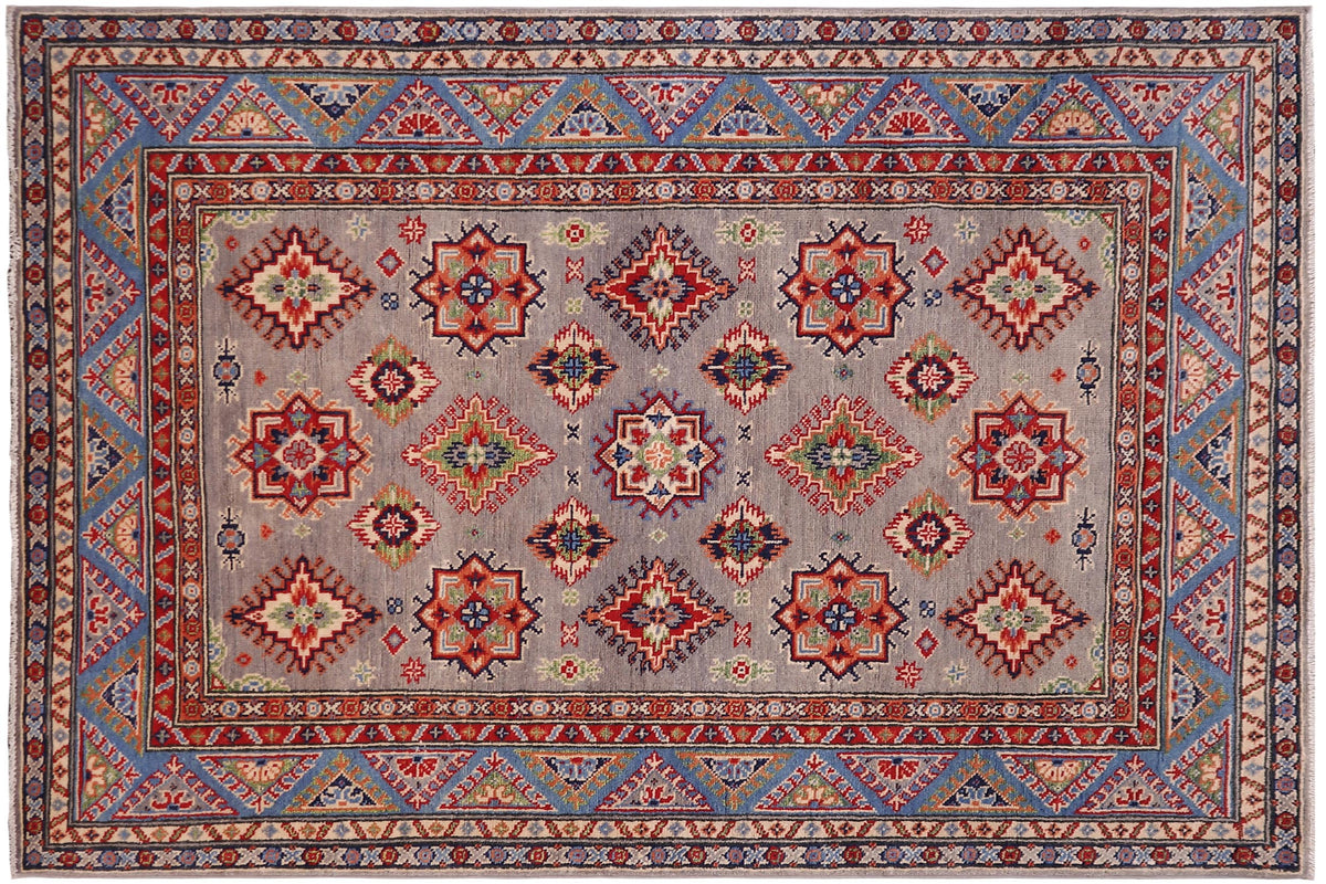 handmade Geometric Kazak Gray Lt. Blue Hand-made RECTANGLE 100% WOOL area rug 4'X6'