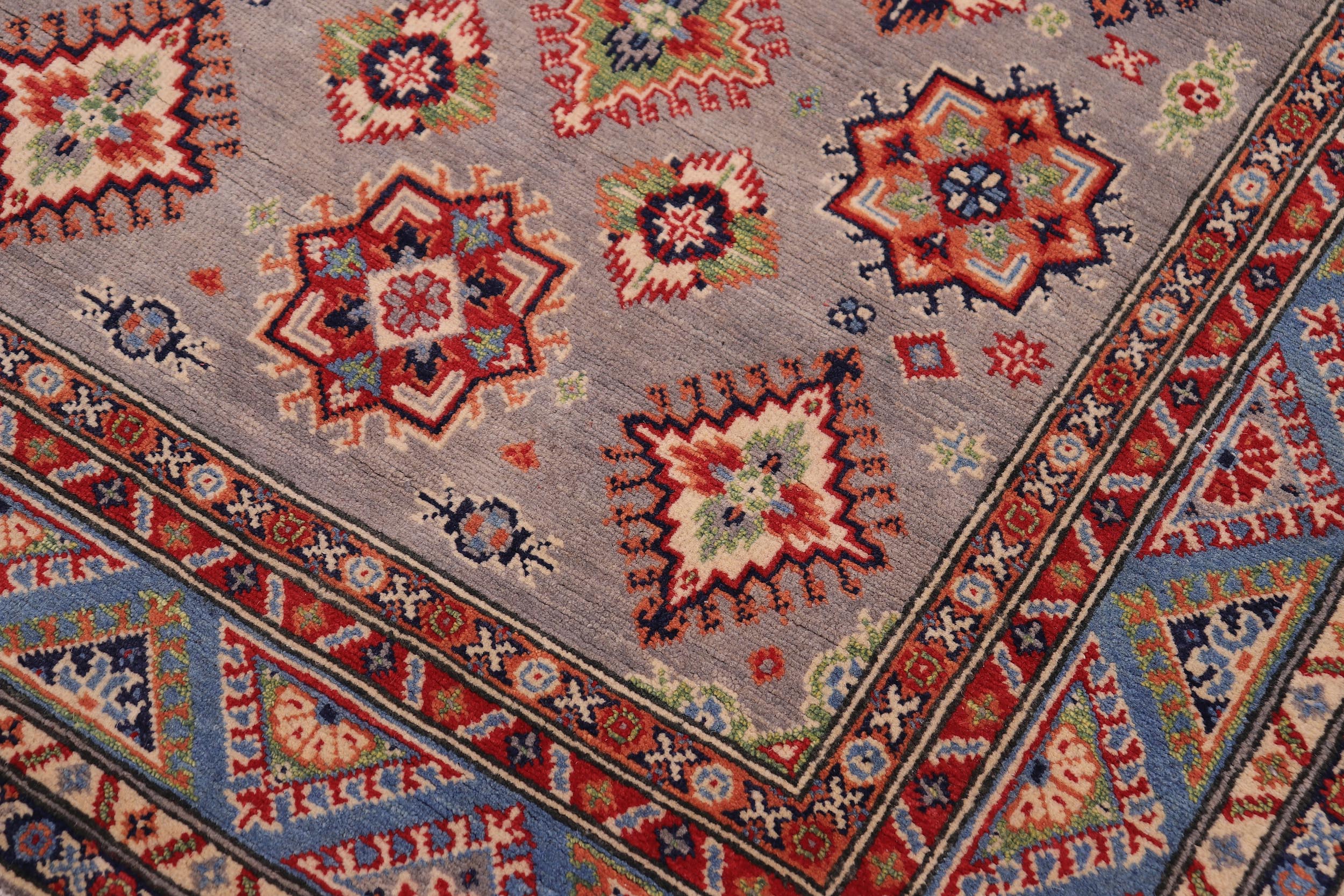 handmade Geometric Kazak Gray Lt. Blue Hand-made RECTANGLE 100% WOOL area rug 4'X6'