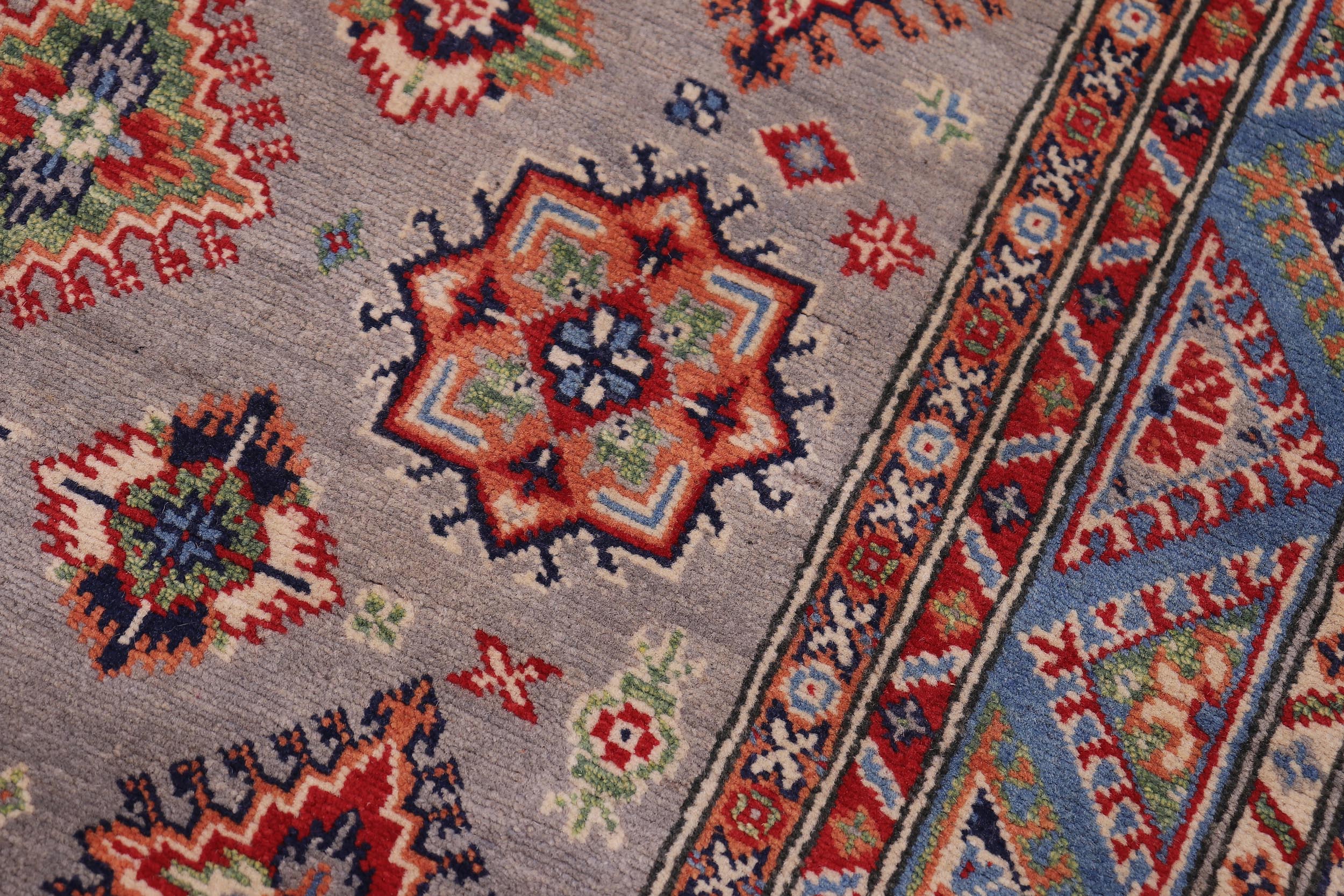 handmade Geometric Kazak Gray Lt. Blue Hand-made RECTANGLE 100% WOOL area rug 4'X6'
