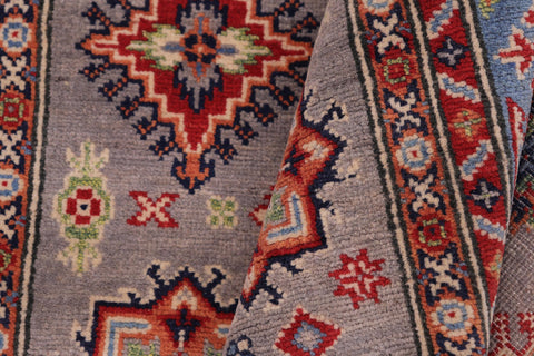 handmade Geometric Kazak Gray Lt. Blue Hand-made RECTANGLE 100% WOOL area rug 4'X6'