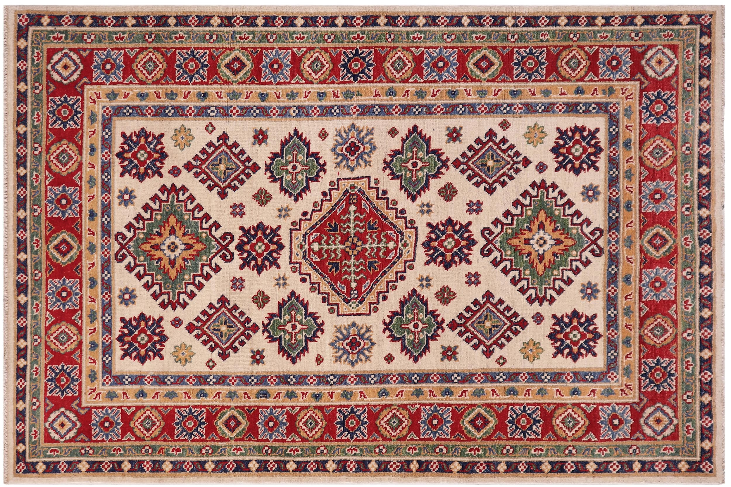 handmade Geometric Kazak Beige Red Hand-made RECTANGLE 100% WOOL area rug 4'X6'