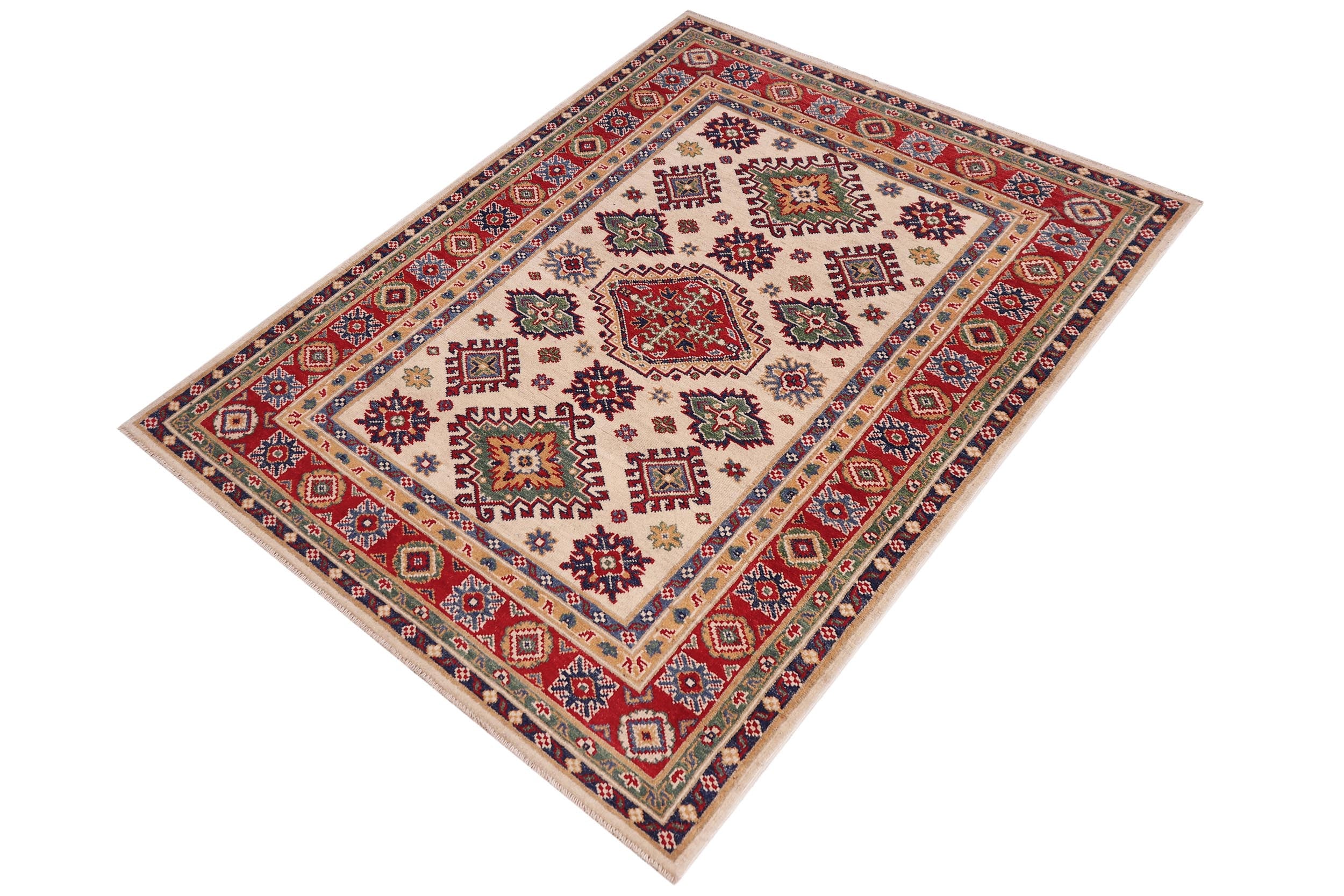 handmade Geometric Kazak Beige Red Hand-made RECTANGLE 100% WOOL area rug 4'X6'