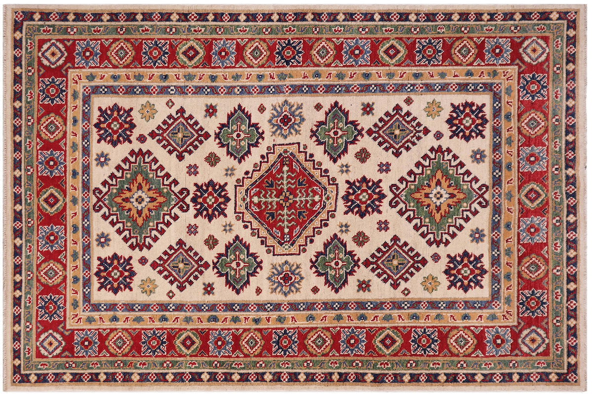 handmade Geometric Kazak Beige Red Hand-made RECTANGLE 100% WOOL area rug 4'X6'