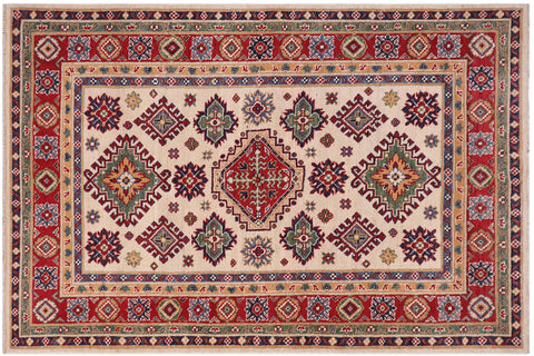 handmade Geometric Kazak Beige Red Hand-made RECTANGLE 100% WOOL area rug 4'X6'