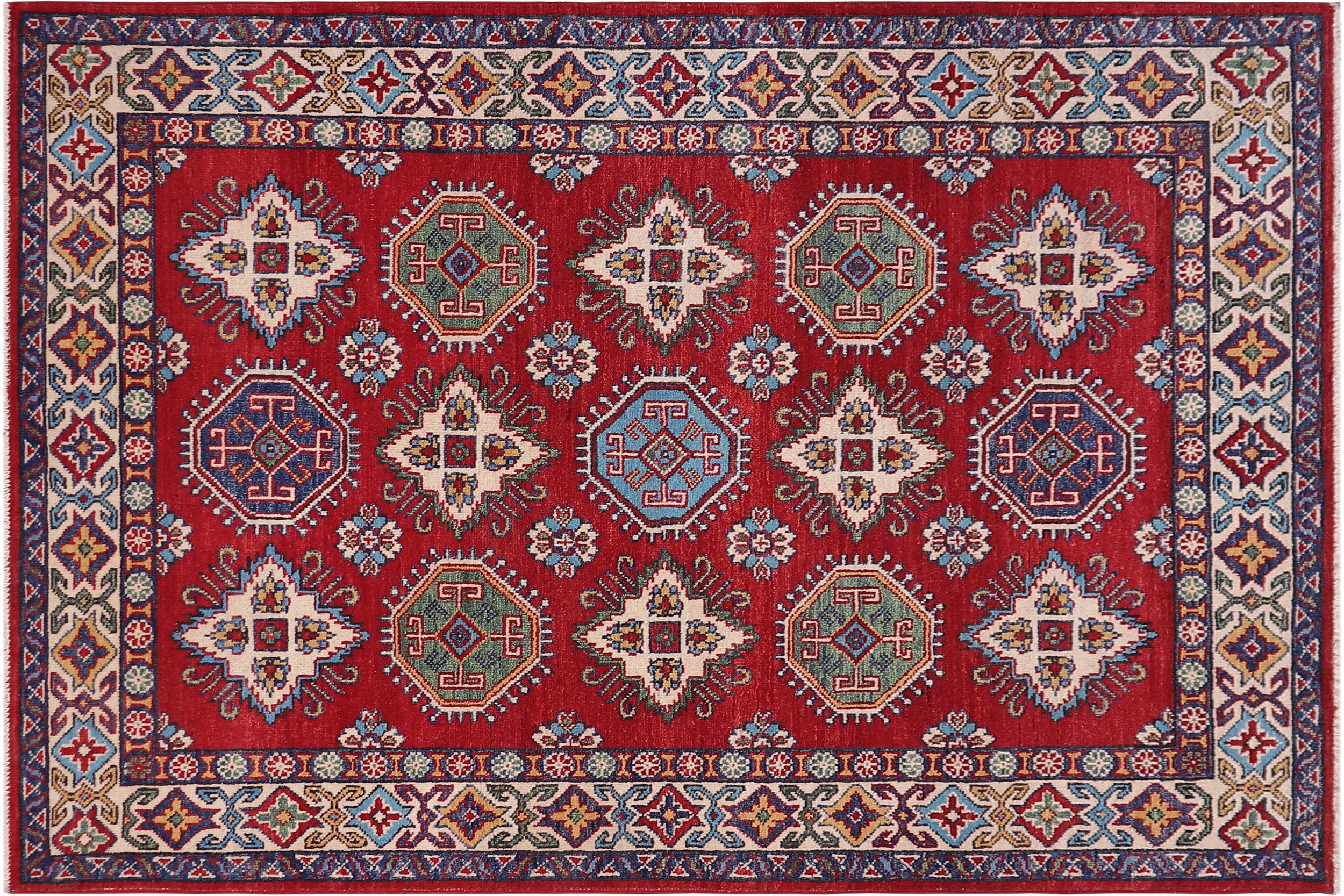 handmade Geometric Kazak Red Beige Hand-made RECTANGLE 100% WOOL area rug 4'X6'
