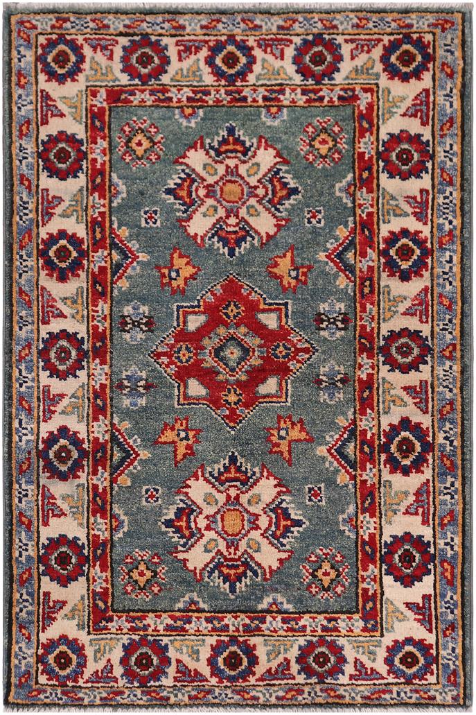 handmade Geometric Kazak Lt. Green Beige Hand-made RECTANGLE 100% WOOL area rug 2'X3'