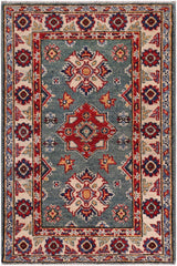 handmade Geometric Kazak Lt. Green Beige Hand-made RECTANGLE 100% WOOL area rug 2'X3'