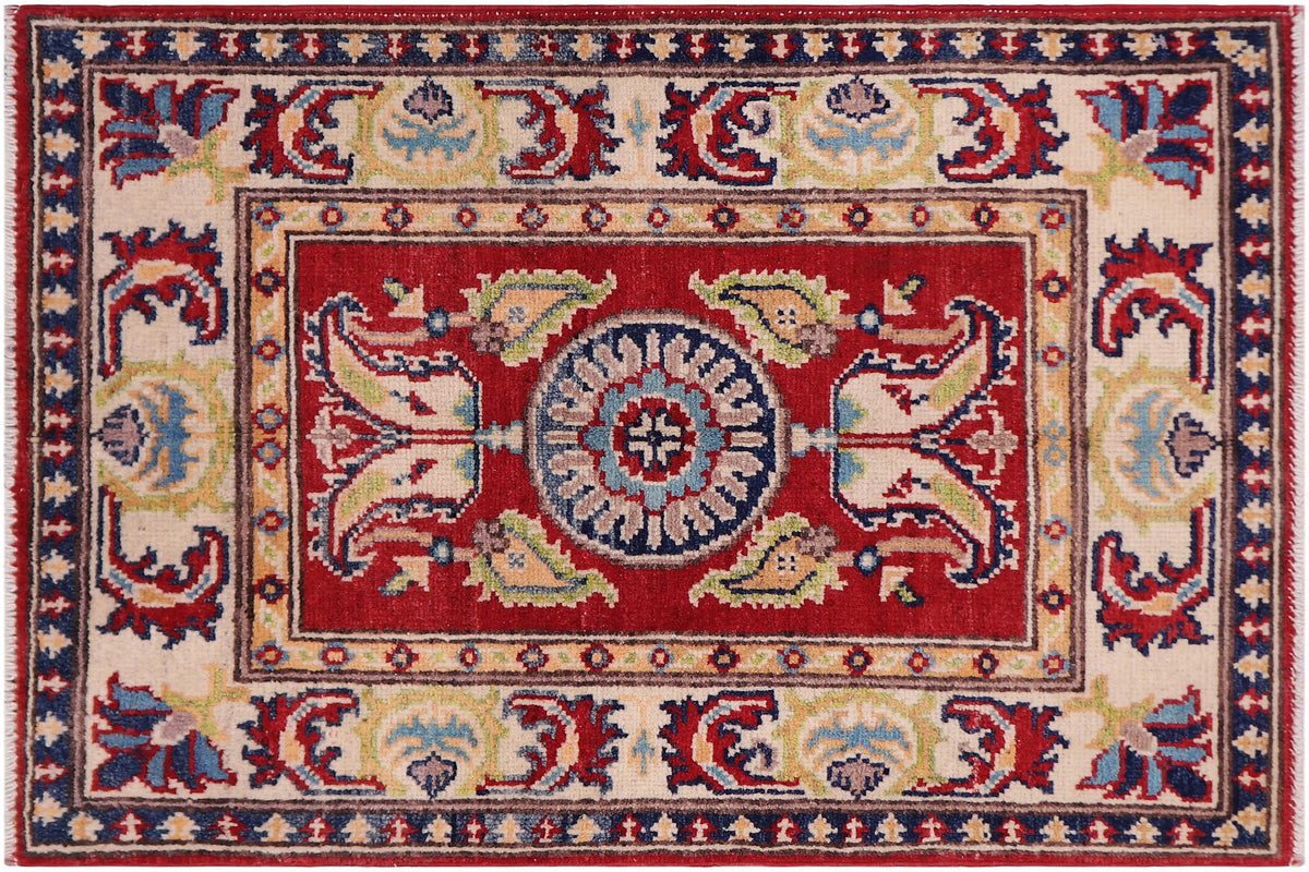 handmade Geometric Kazak Red Beige Hand-made RECTANGLE 100% WOOL area rug 2'X3'