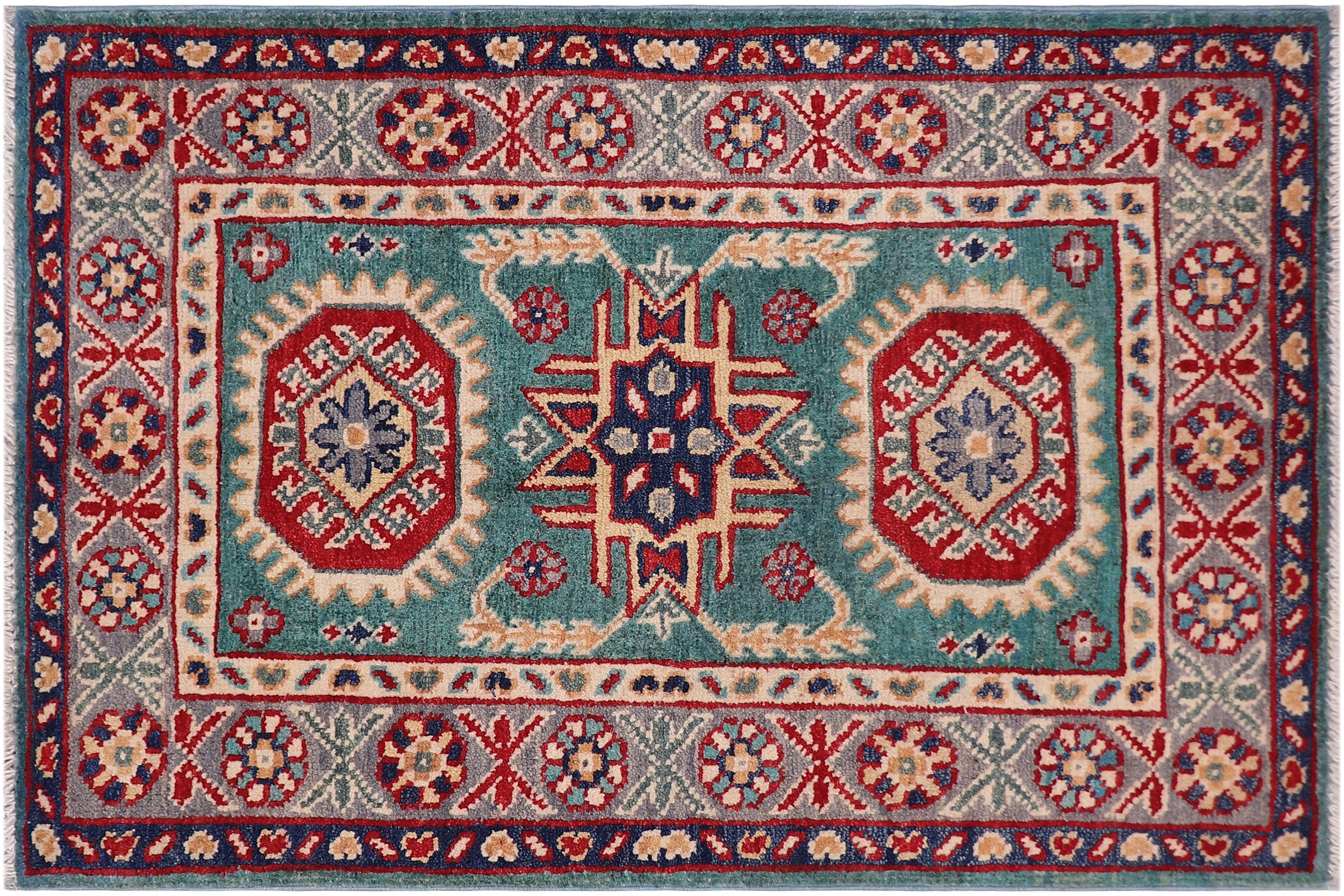 handmade Geometric Kazak Green Gray Hand-made RECTANGLE 100% WOOL area rug 2'X3'