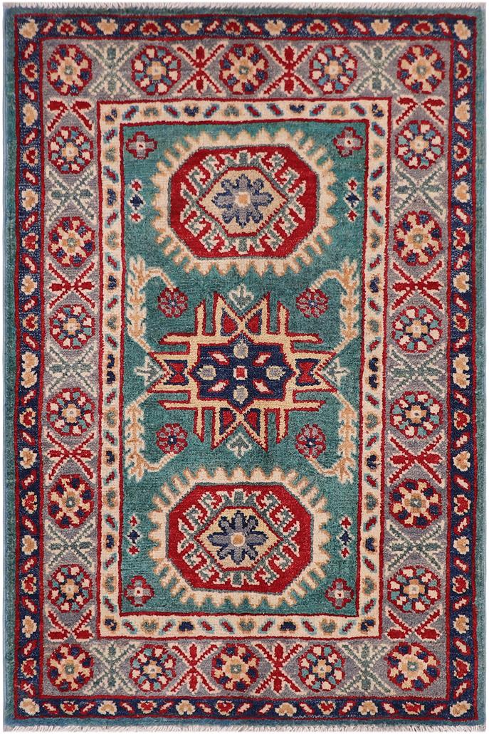 handmade Geometric Kazak Green Gray Hand-made RECTANGLE 100% WOOL area rug 2'X3'