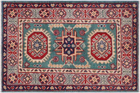 handmade Geometric Kazak Green Gray Hand-made RECTANGLE 100% WOOL area rug 2'X3'