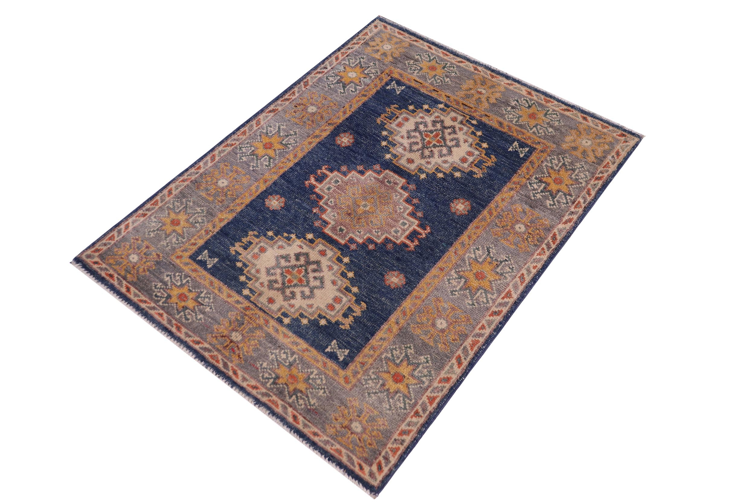 handmade Geometric Kazak Blue Gray Hand-made RECTANGLE 100% WOOL area rug 2'X3'