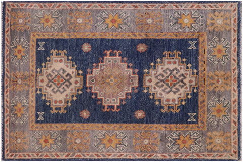 handmade Geometric Kazak Blue Gray Hand-made RECTANGLE 100% WOOL area rug 2'X3'