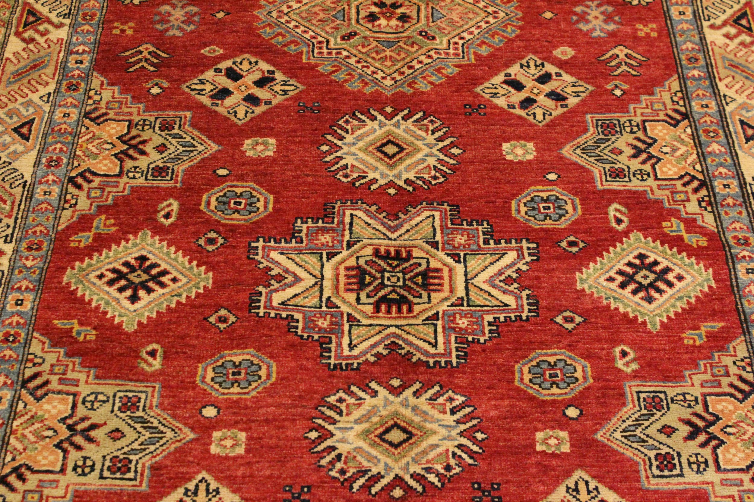 handmade Geometric Super Kazak Red Tan Hand Knotted RECTANGLE 100% WOOL area rug 4' x 6'