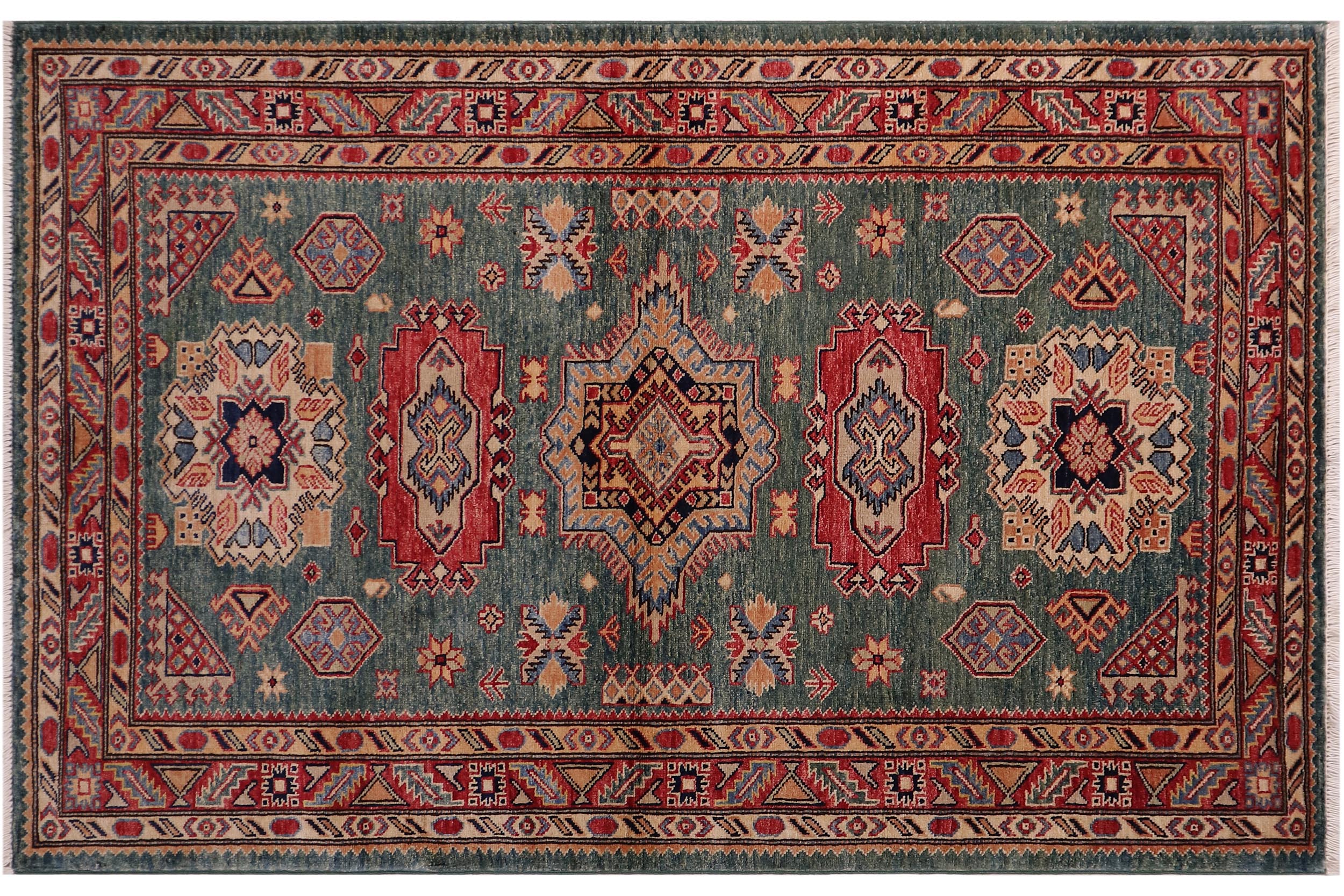 handmade Geometric Super Kazak Green Red Hand Knotted RECTANGLE 100% WOOL area rug 4' x 6'