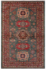 handmade Geometric Super Kazak Green Red Hand Knotted RECTANGLE 100% WOOL area rug 4x6