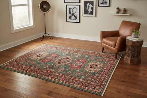 handmade Geometric Super Kazak Green Red Hand Knotted RECTANGLE 100% WOOL area rug 4' x 6'