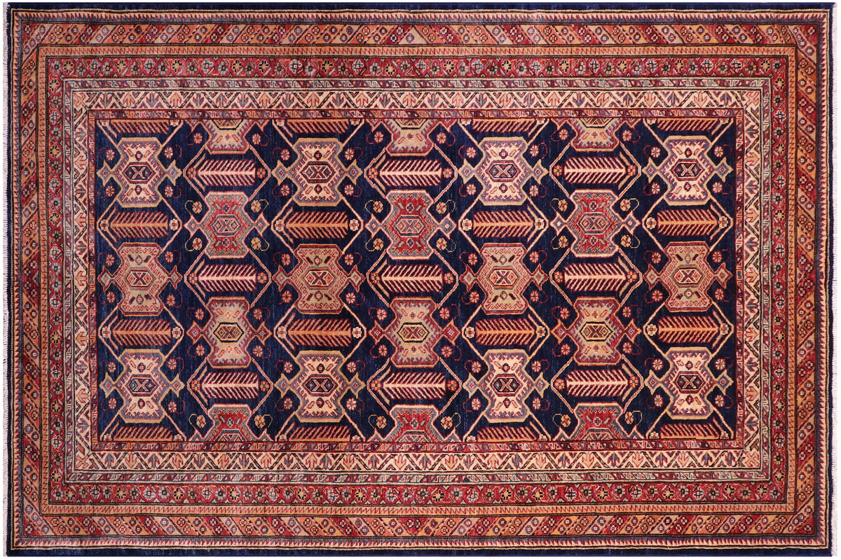handmade Geometric Super Kazak Blue Multi Hand Knotted RECTANGLE 100% WOOL area rug 5' x 8'