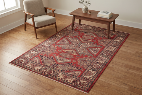 handmade Geometric Super Kazak Red Ivory Hand Knotted RECTANGLE 100% WOOL area rug 6' x 7'
