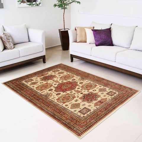 handmade Geometric Super Kazak Beige Rust Hand Knotted RECTANGLE 100% WOOL area rug 6' x 8'
