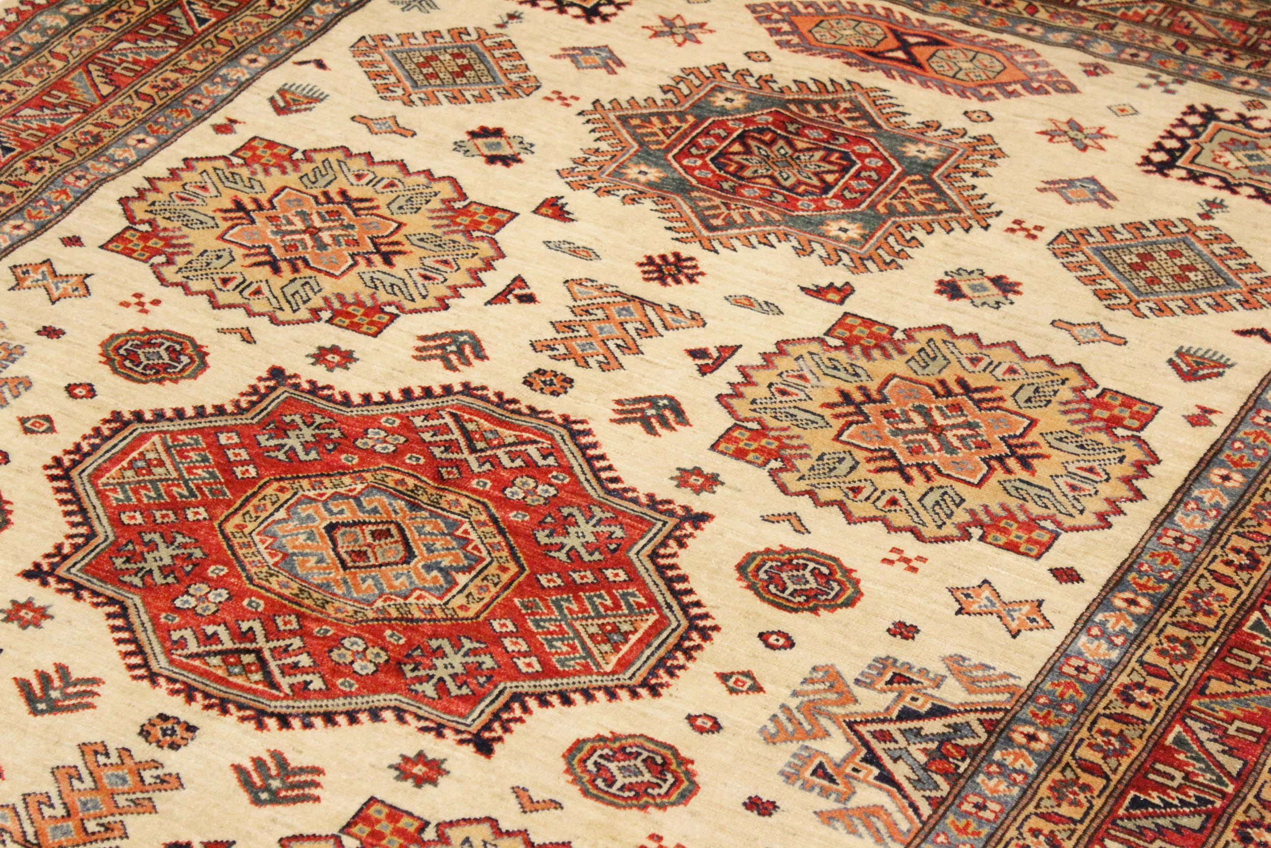 handmade Geometric Super Kazak Beige Rust Hand Knotted RECTANGLE 100% WOOL area rug 6' x 8'