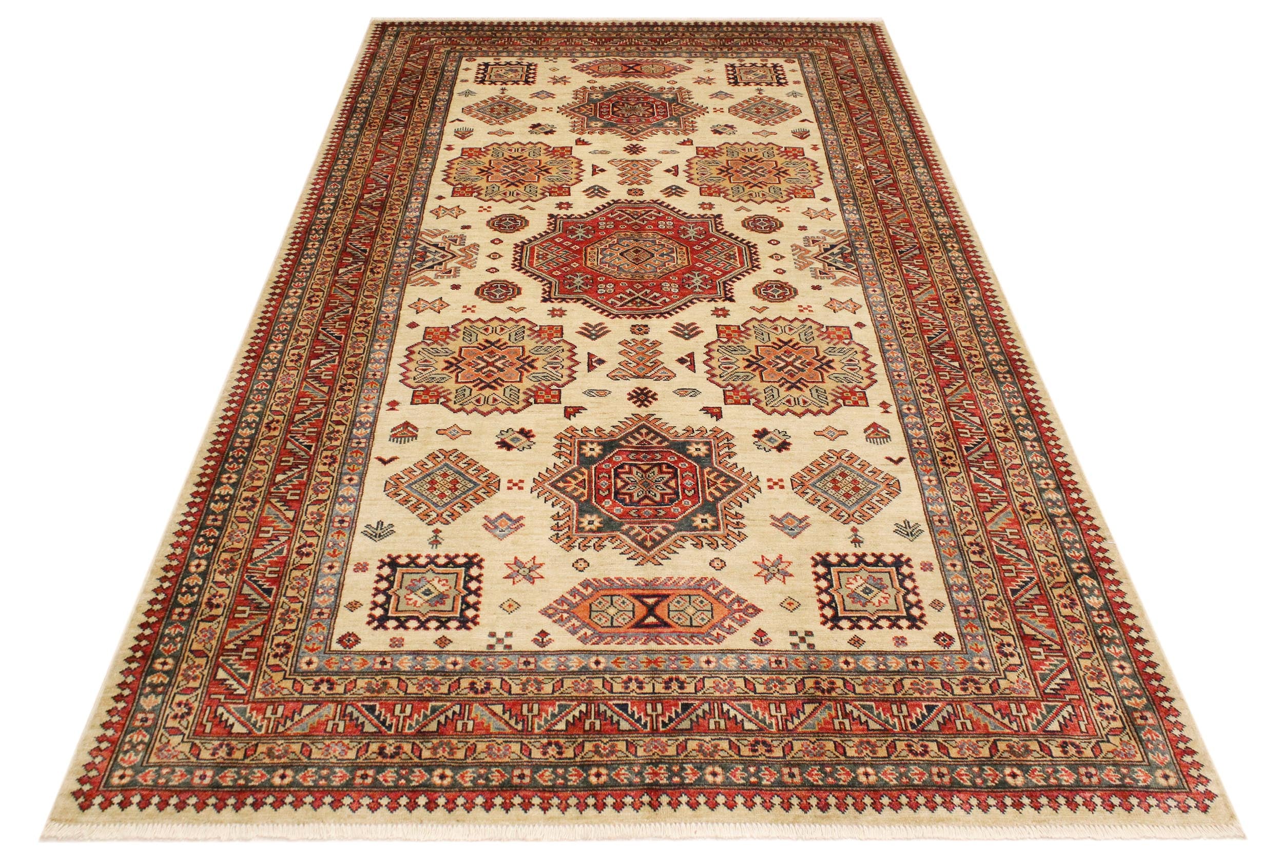 handmade Geometric Super Kazak Beige Rust Hand Knotted RECTANGLE 100% WOOL area rug 6' x 8'