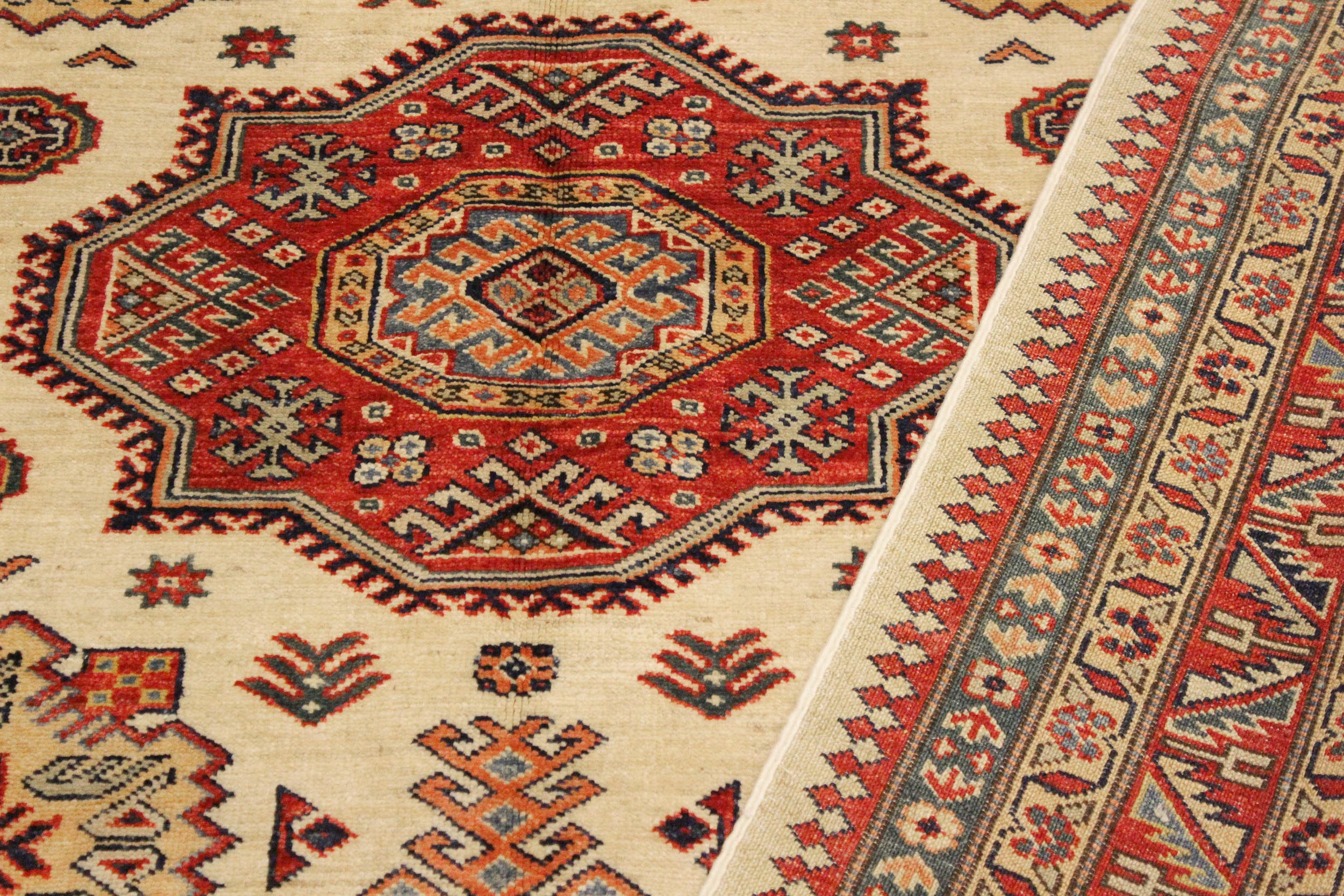 handmade Geometric Super Kazak Beige Rust Hand Knotted RECTANGLE 100% WOOL area rug 6' x 8'