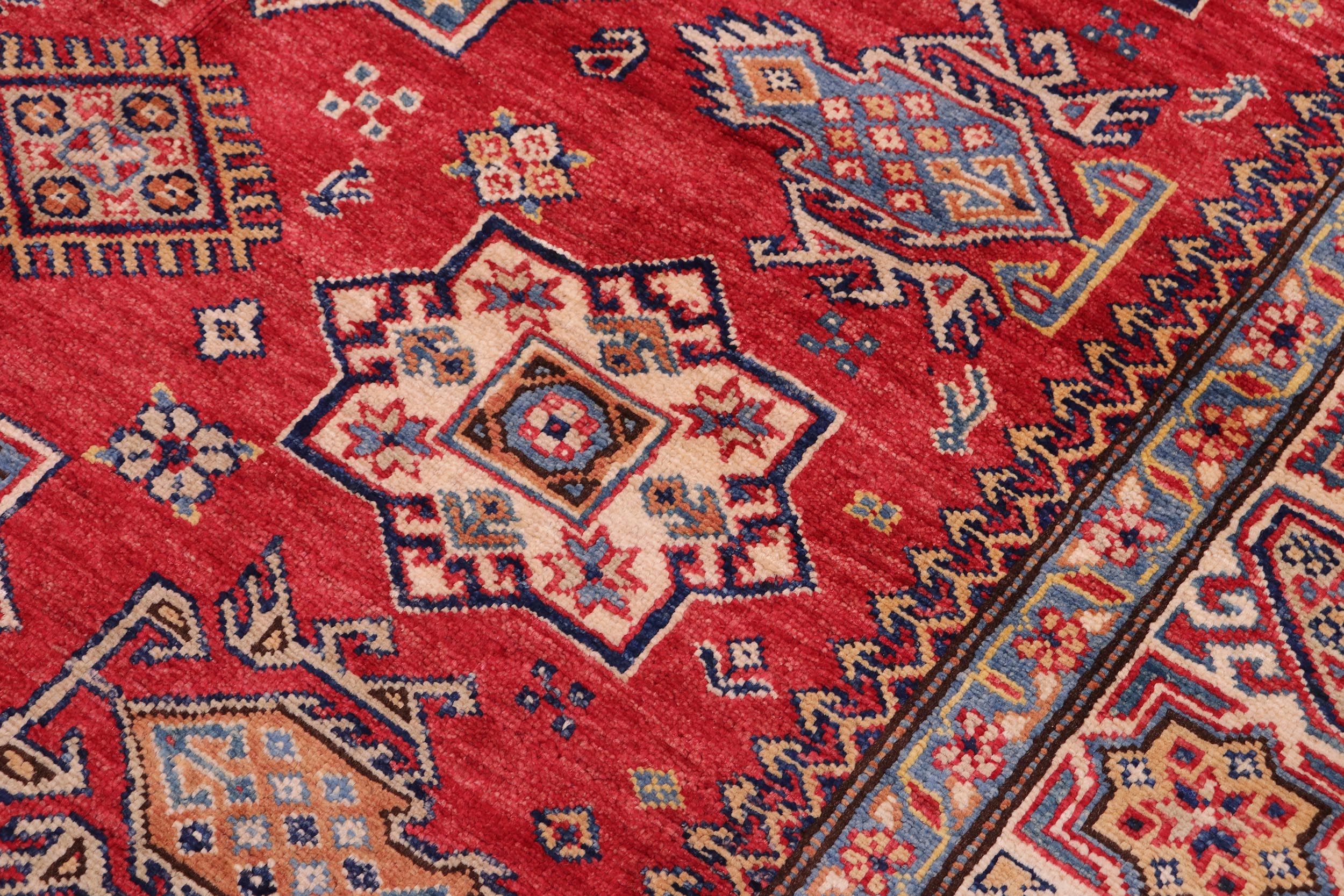 handmade Geometric Super Kazak Red Tan Hand Knotted RECTANGLE 100% WOOL area rug 5' x 7'