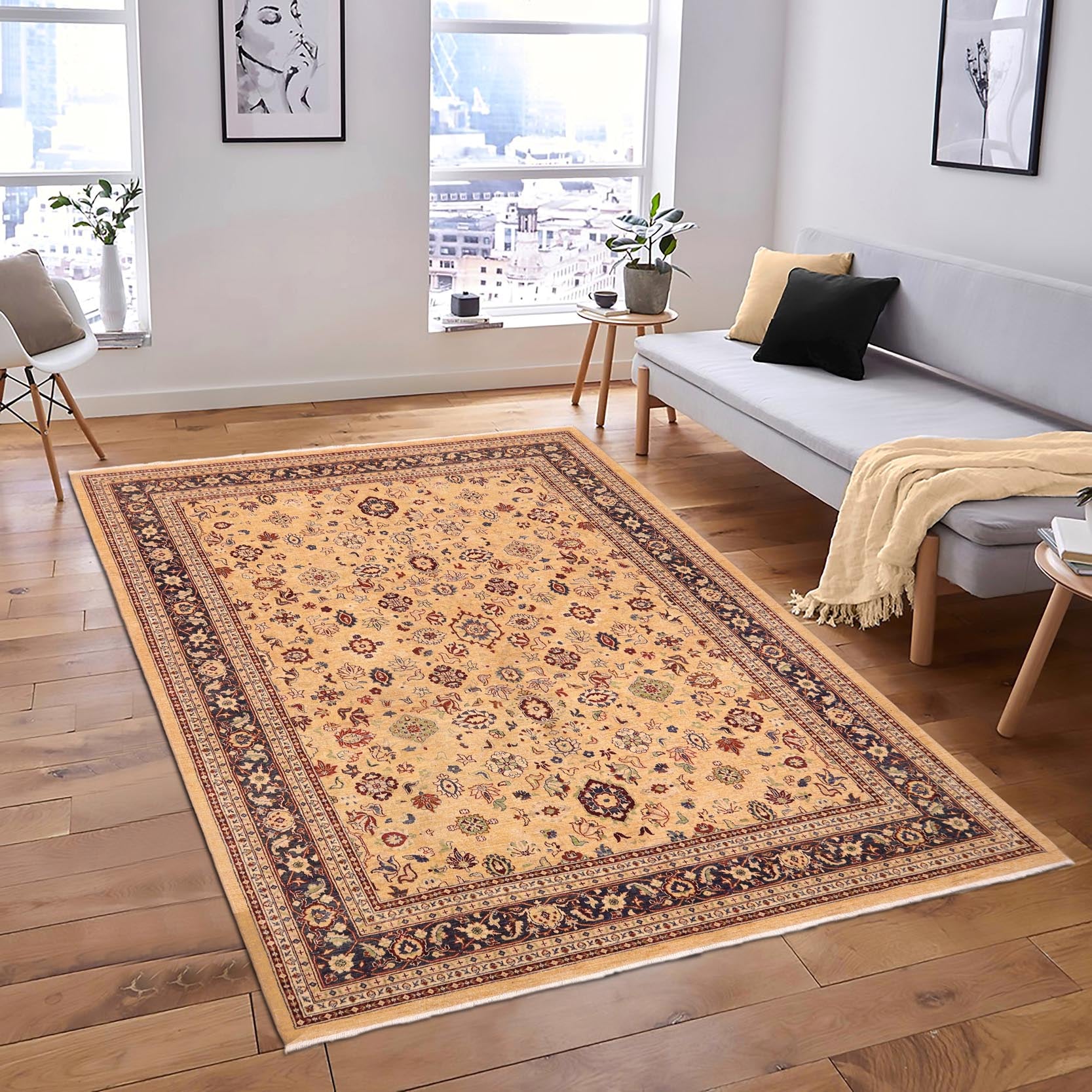 handmade Transitional Kafkaz Beige Blue Hand Knotted RECTANGLE 100% WOOL area rug 9' x 12'