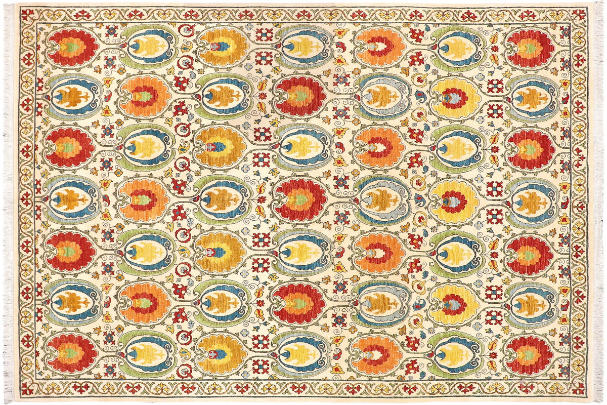 handmade Modern Kafkaz Beige Red Hand Knotted RECTANGLE 100% WOOL area rug 9' x 11'
