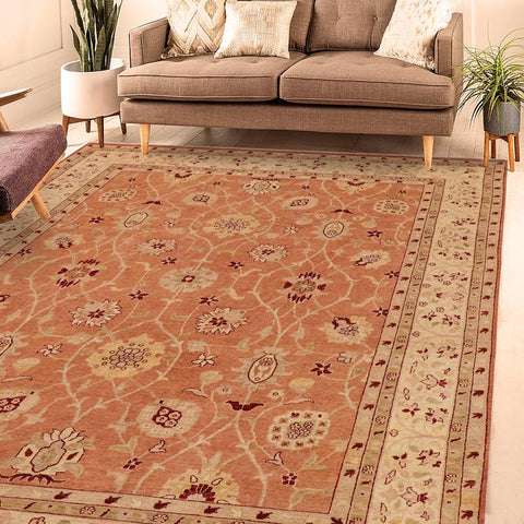 handmade Traditional Kafkaz Peach Tan Hand Knotted RECTANGLE 100% WOOL area rug 9X12