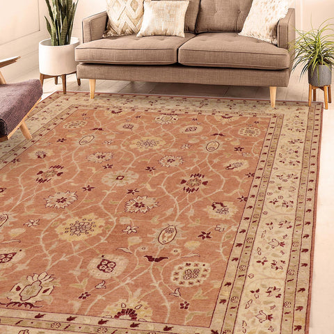 handmade Transitional Kafkaz Peach Tan Hand Knotted RECTANGLE 100% WOOL area rug 9' x 12'
