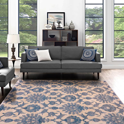 handmade Modern Kafkaz Ivory Blue Hand Knotted RECTANGLE WOOL&SILK area rug 8' x 10'