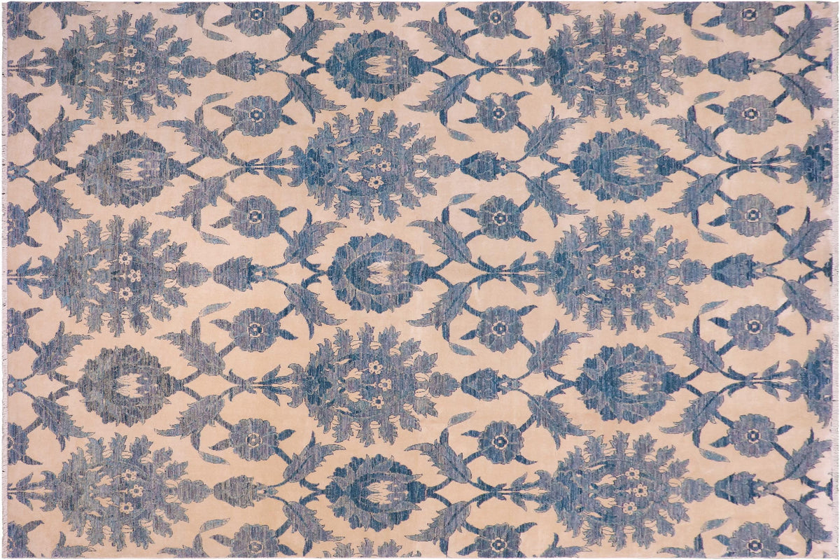 handmade Modern Kafkaz Ivory Blue Hand Knotted RECTANGLE WOOL&SILK area rug 8' x 10'
