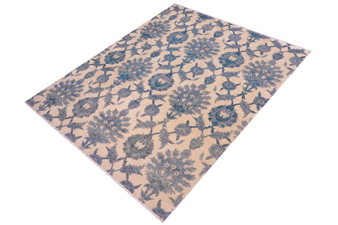 handmade Modern Kafkaz Ivory Blue Hand Knotted RECTANGLE WOOL&SILK area rug 8' x 10'