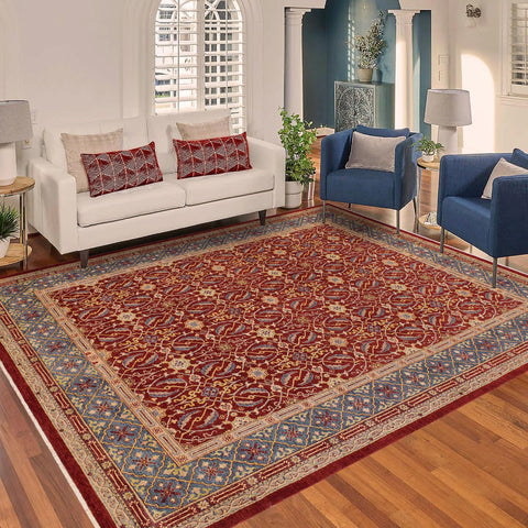 handmade Transitional Kafkaz Red Blue Hand Knotted RECTANGLE 100% WOOL area rug 9' x 11'